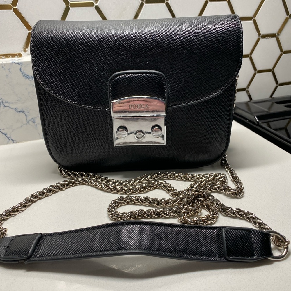 Furla Sleek Black Crossbody Bag with Silver Accents